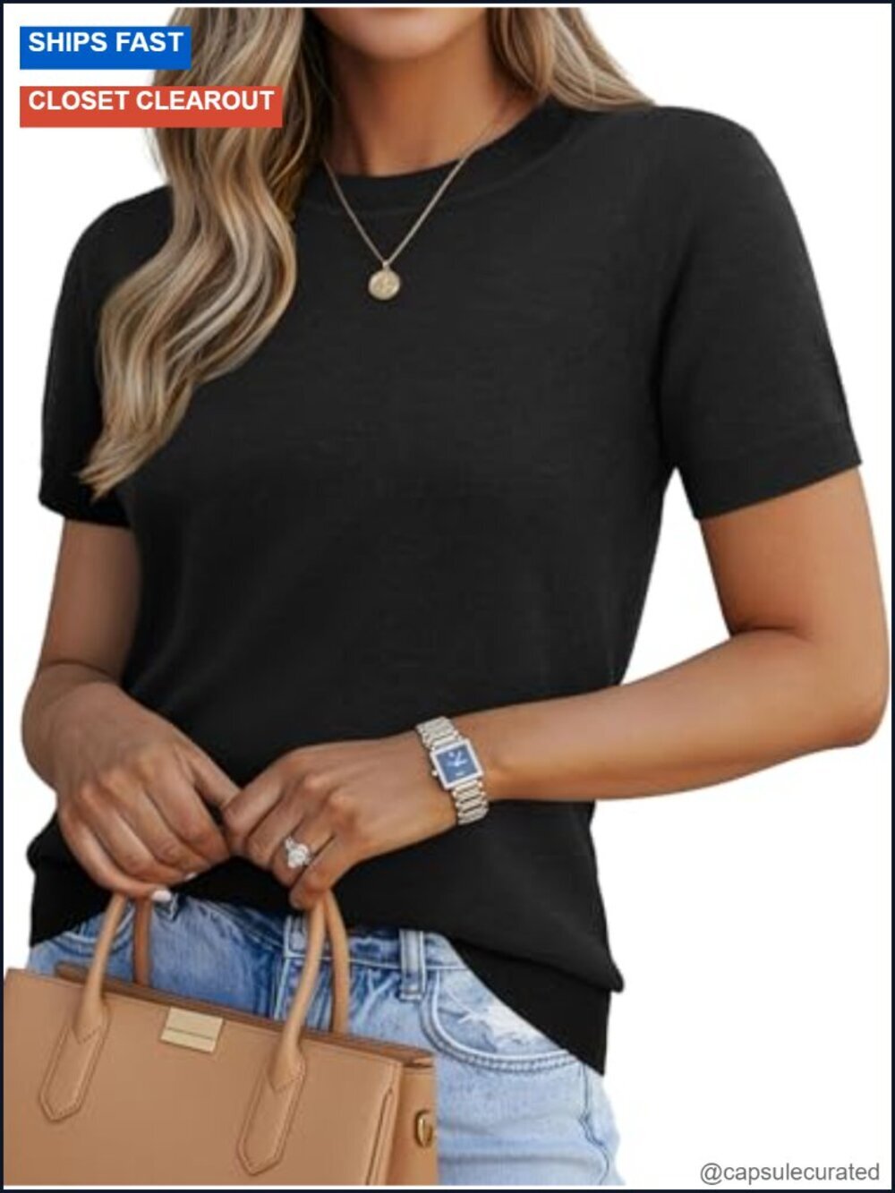 Short Sleeve Wool Blend Crew Neck Pullover Sweater for Women